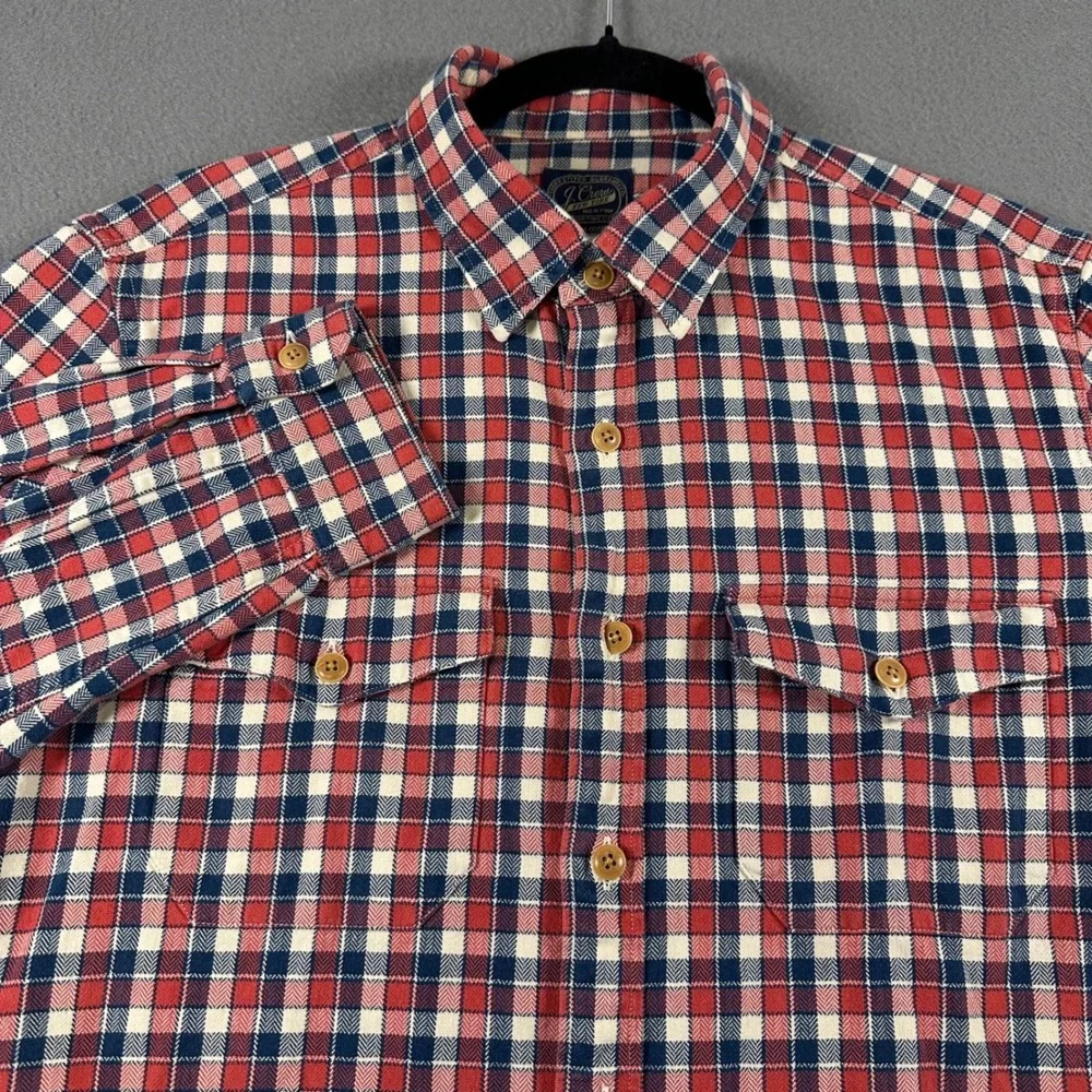 J.Crew Mens Plaid Flannel Shirt Red Blue Herringbone Button Down Size M A9407